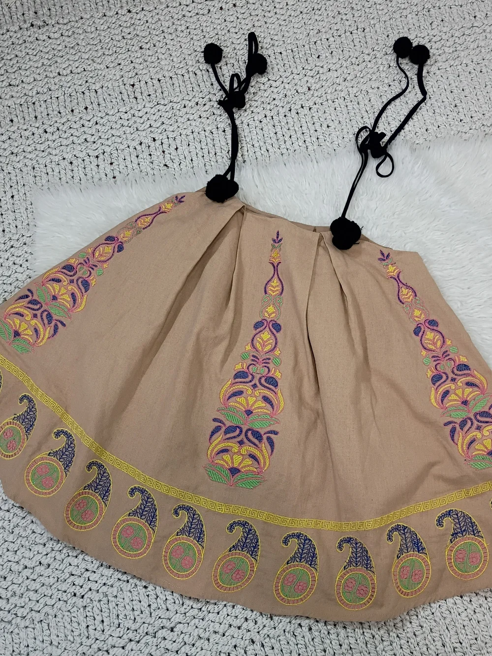Endless Rose Embroidered Tan Shift Top With Pom Pom Shoulder Ties - Picture 8 of 8